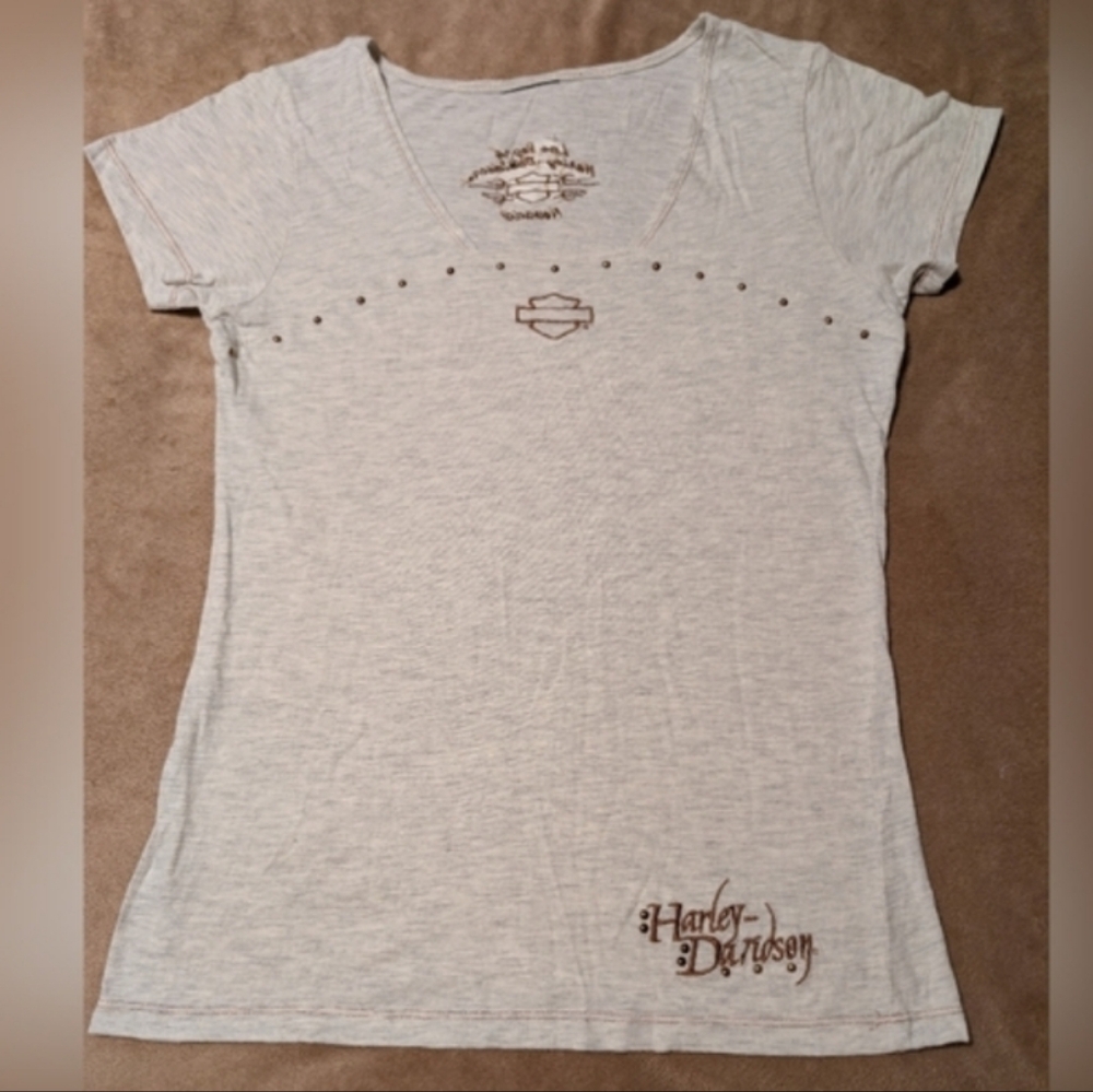 Vintage Authentic Harley-Davidson® Women's Light Gray Tee with Bronze Accents